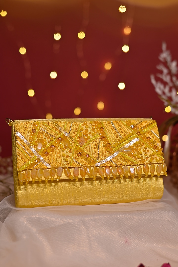 Yellow Dupion Silk Embellished Clutch by House of Vian at Pernia's Pop Up Shop