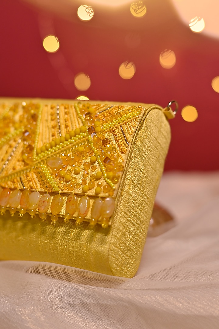 Yellow Dupion Silk Embellished Clutch by House of Vian at Pernia's Pop Up Shop