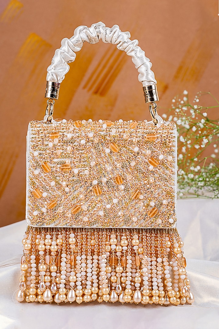 Cream Satin Embellished Clutch by House of Vian at Pernia's Pop Up Shop