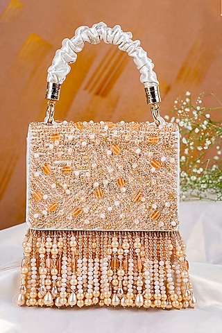 Cream Satin Embellished Clutch by House of Vian