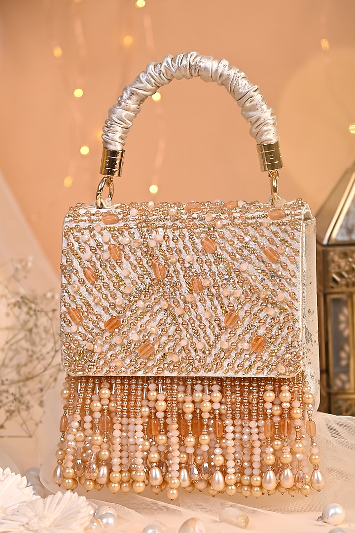Cream Satin Embellished Clutch by House of Vian at Pernia's Pop Up Shop