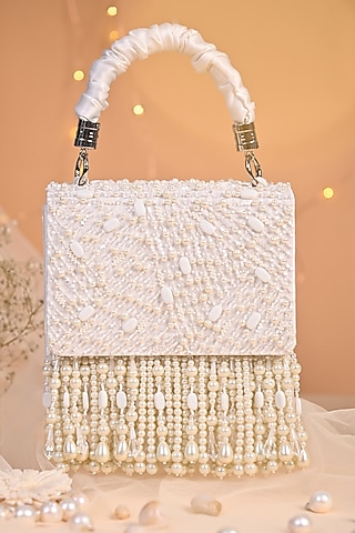 White Satin Embellished Clutch by House of Vian