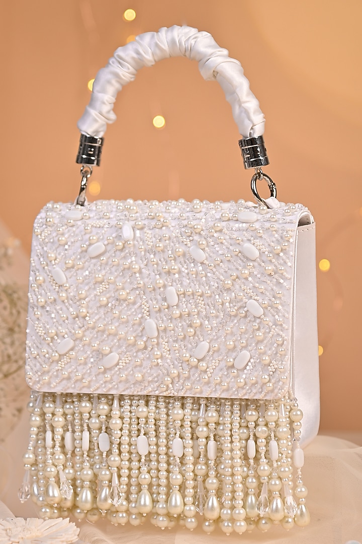 White Satin Embellished Clutch by House of Vian at Pernia's Pop Up Shop