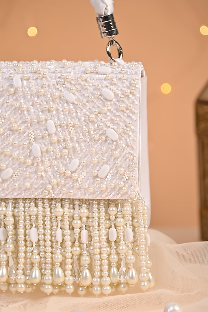 White Satin Embellished Clutch by House of Vian at Pernia's Pop Up Shop