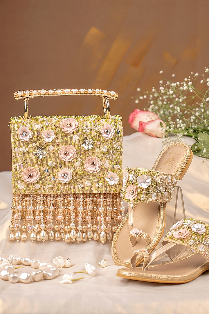 Gold Textured Silk Embellished Kolhapuri Sandals & Clutch Set by House of Vian at Pernia's Pop Up Shop