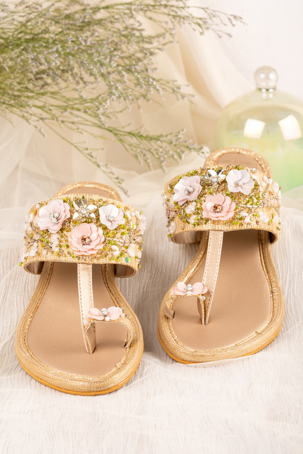 Gold embellished flat discount sandals