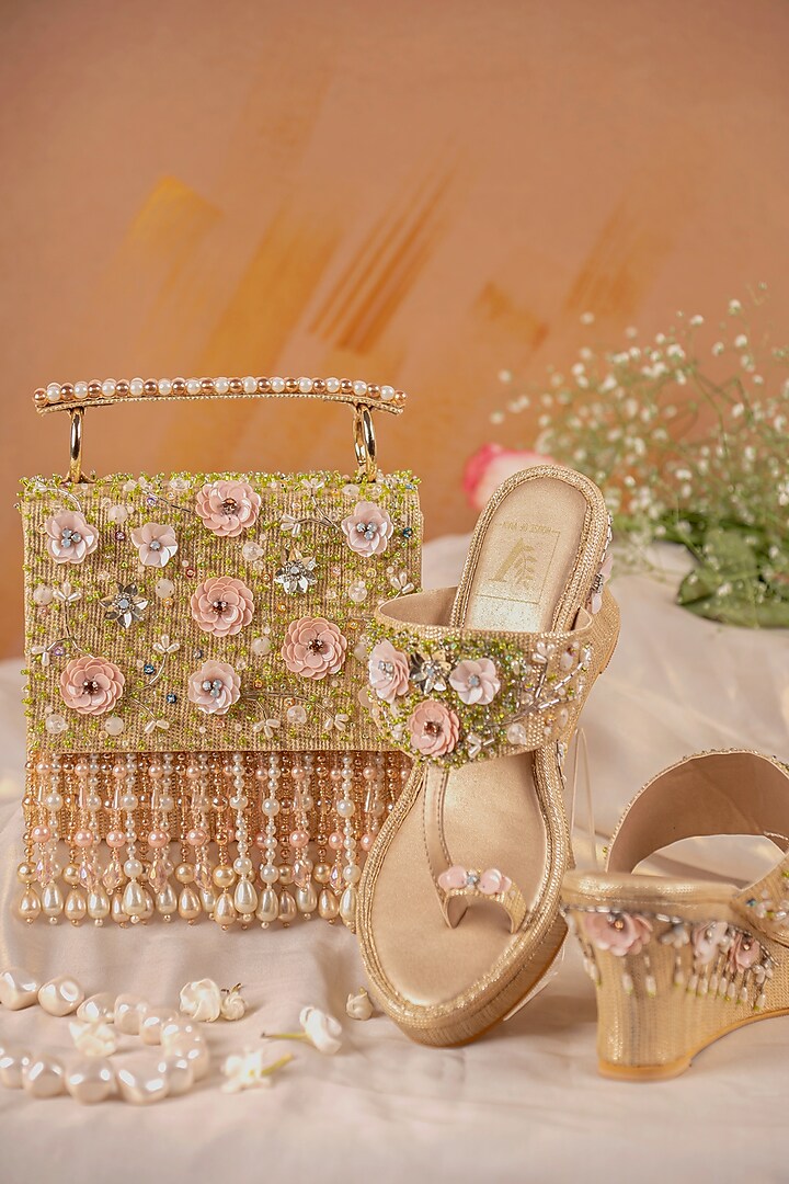 Gold Textured Silk Embellished Kolhapuri Wedges & Clutch Set by House of Vian at Pernia's Pop Up Shop