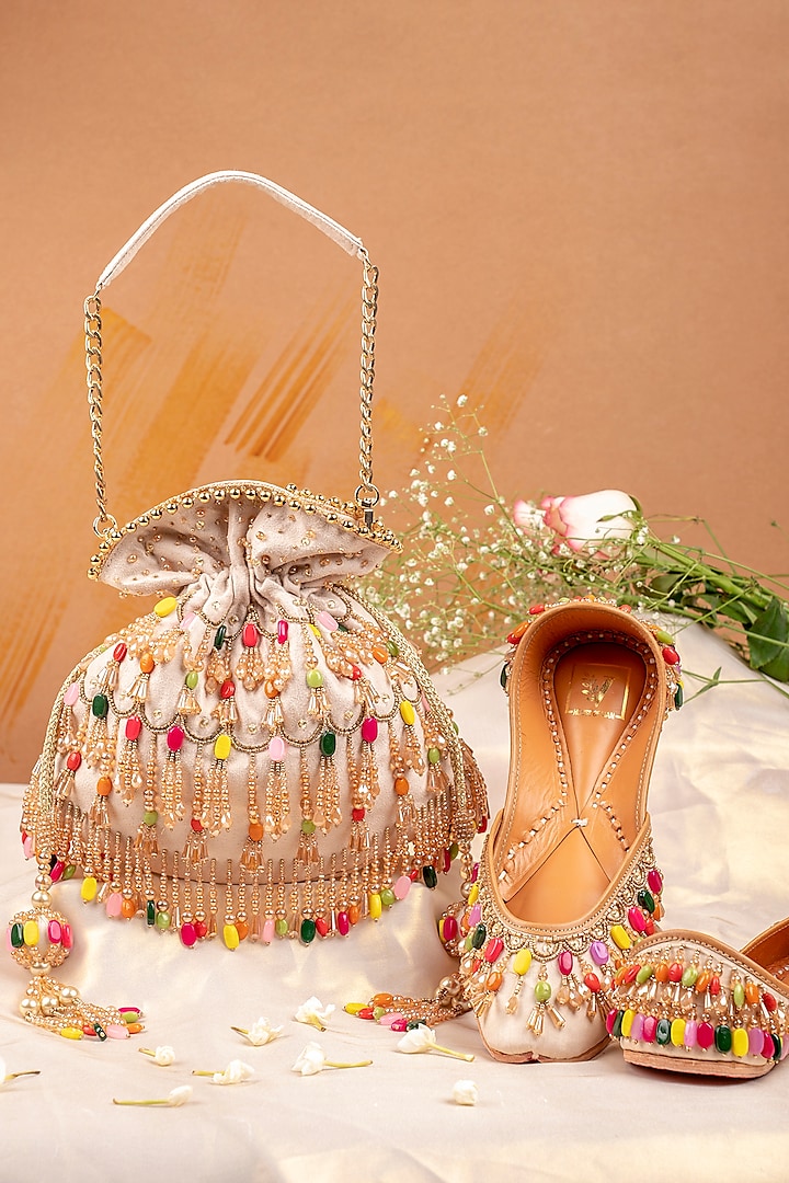 Multi-Coloured Suede Embroidered Juttis & Potli Set by House of Vian at Pernia's Pop Up Shop