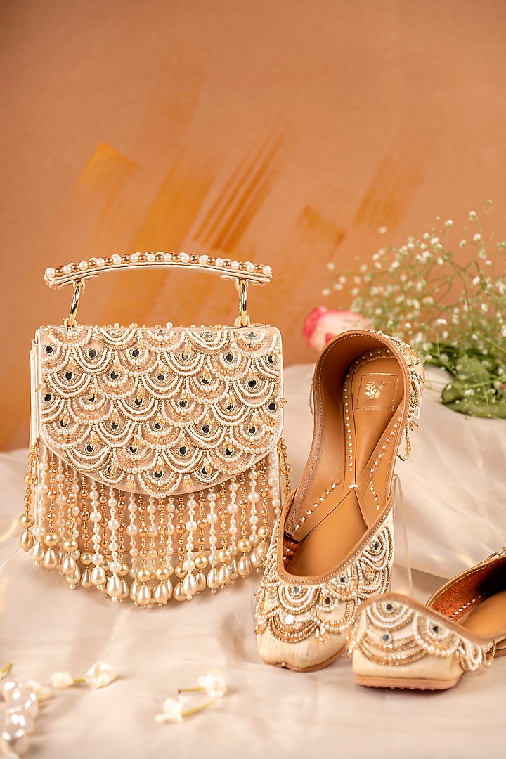 Gold Satin Embroidered Jutti & Clutch Set by House of Vian at Pernia's Pop Up Shop