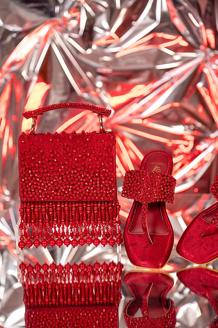 Red Textured Satin Embroidered Flats & Clutch Set by House of Vian