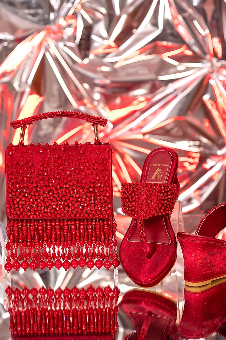 Red Textured Satin Embroidered Wedges & Clutch Set by House of Vian