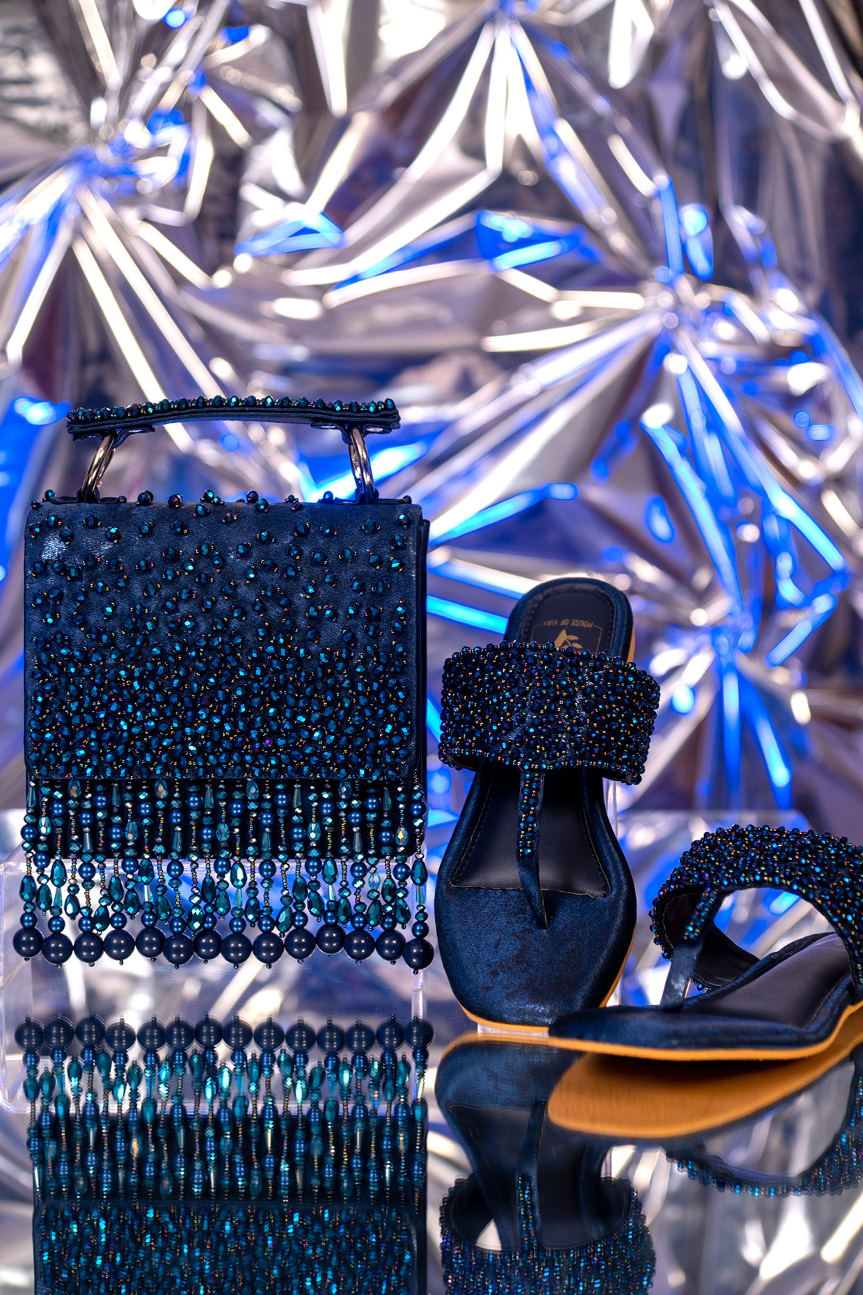 Blue Textured Satin Embroidered Flats & Clutch Set by House of Vian