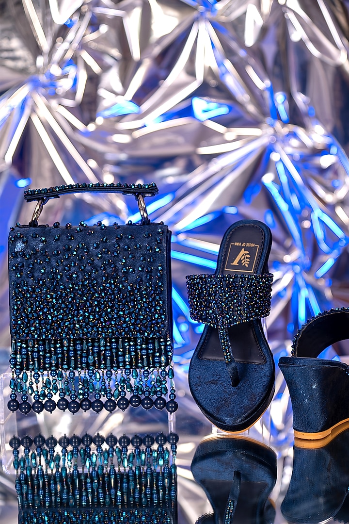 Blue Textured Satin Embroidered Wedges & Clutch Set by House of Vian