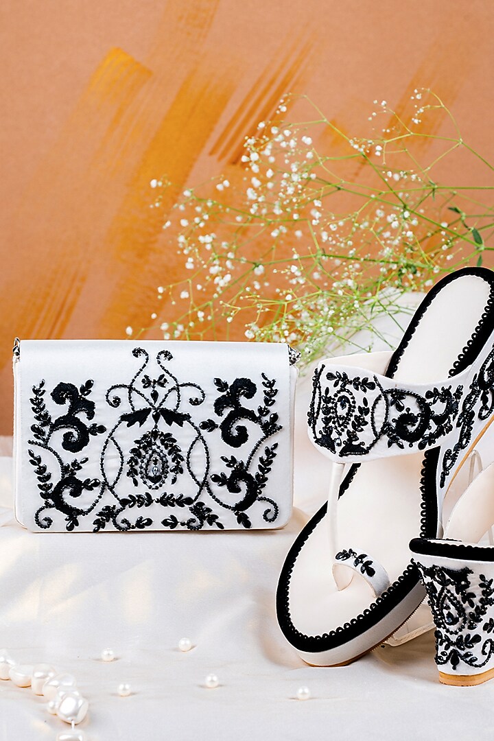 White Textured Satin Wedges & Clutch Set by House of Vian