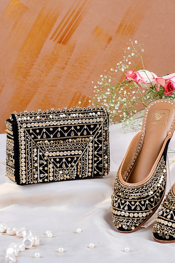 Black Suede Embroidered Juttis & Clutch Set by House of Vian