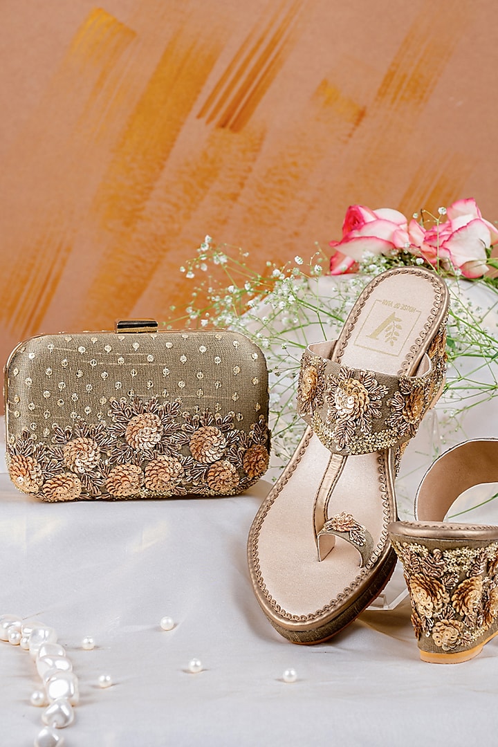 Gold Silk Embroidered Wedges & Clutch Set by House of Vian