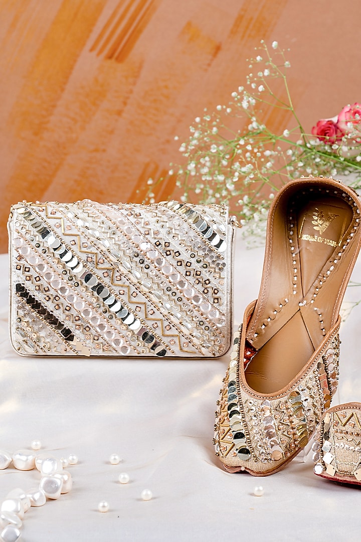 Gold Satin Embroidered Juttis & Clutch Set by House of Vian