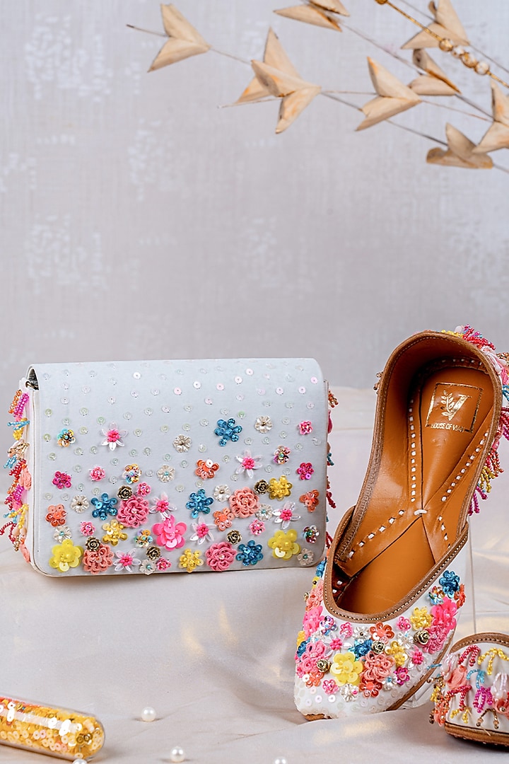 Multi-Coloured Crepe Embroidered Juttis & Clutch Set by House of Vian