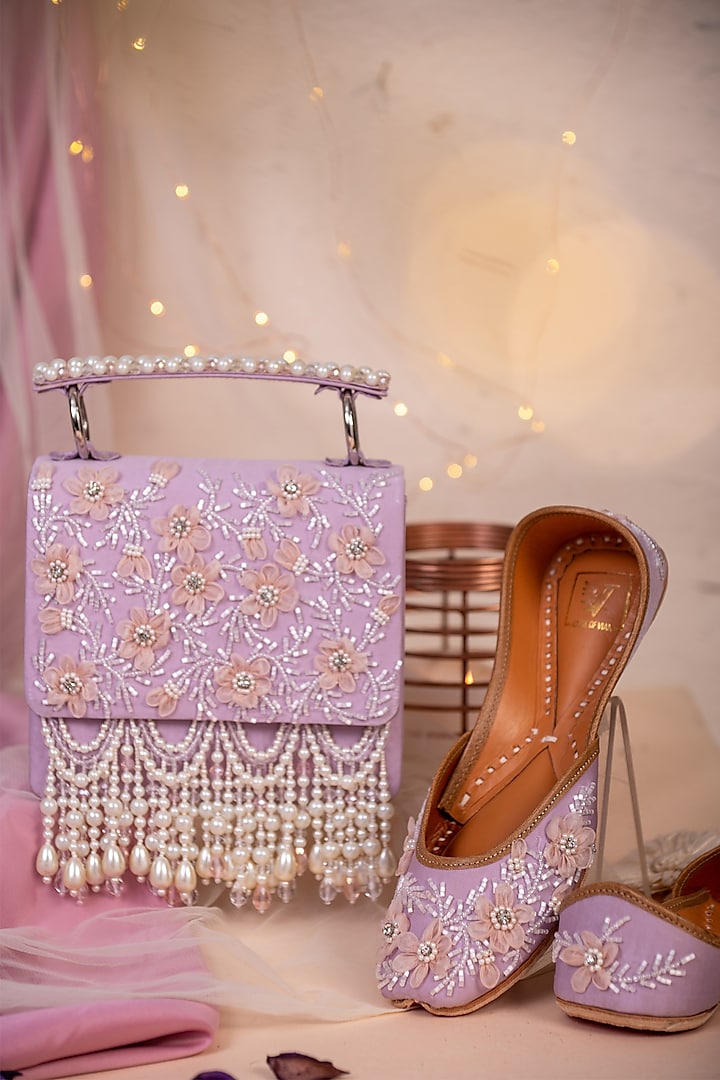 Lilac Satin Embroidered Juttis & Clutch Set by House of Vian