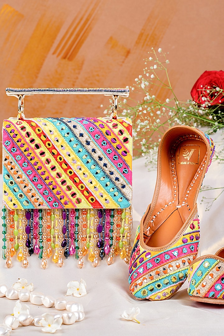 Multi-Coloured Silk Dupion Embroidered Juttis & Clutch Set by House of Vian