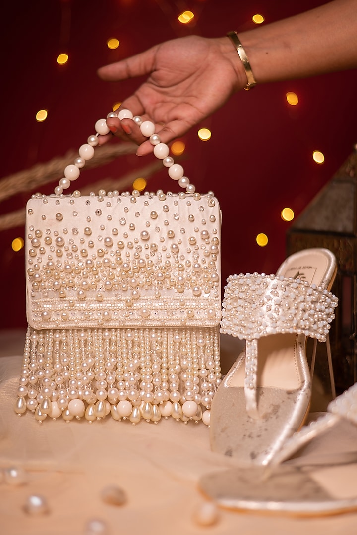 White Textured Satin Embroidered Flats & Clutch Set by House of Vian