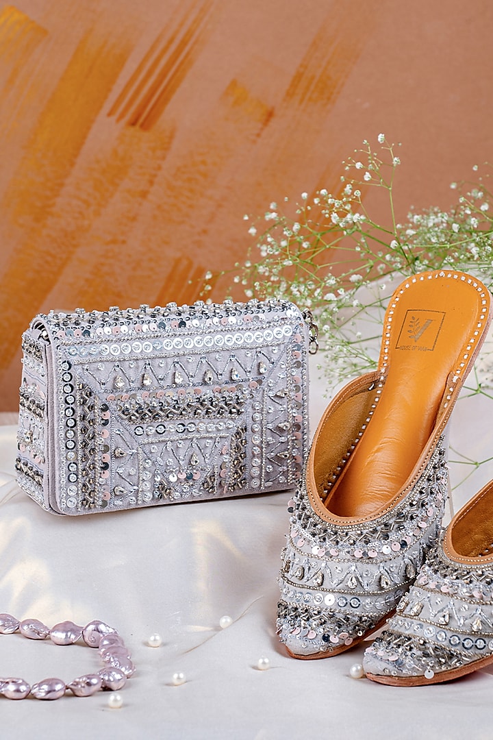 Silver Suede Embroidered Mules & Clutch Set by House of Vian