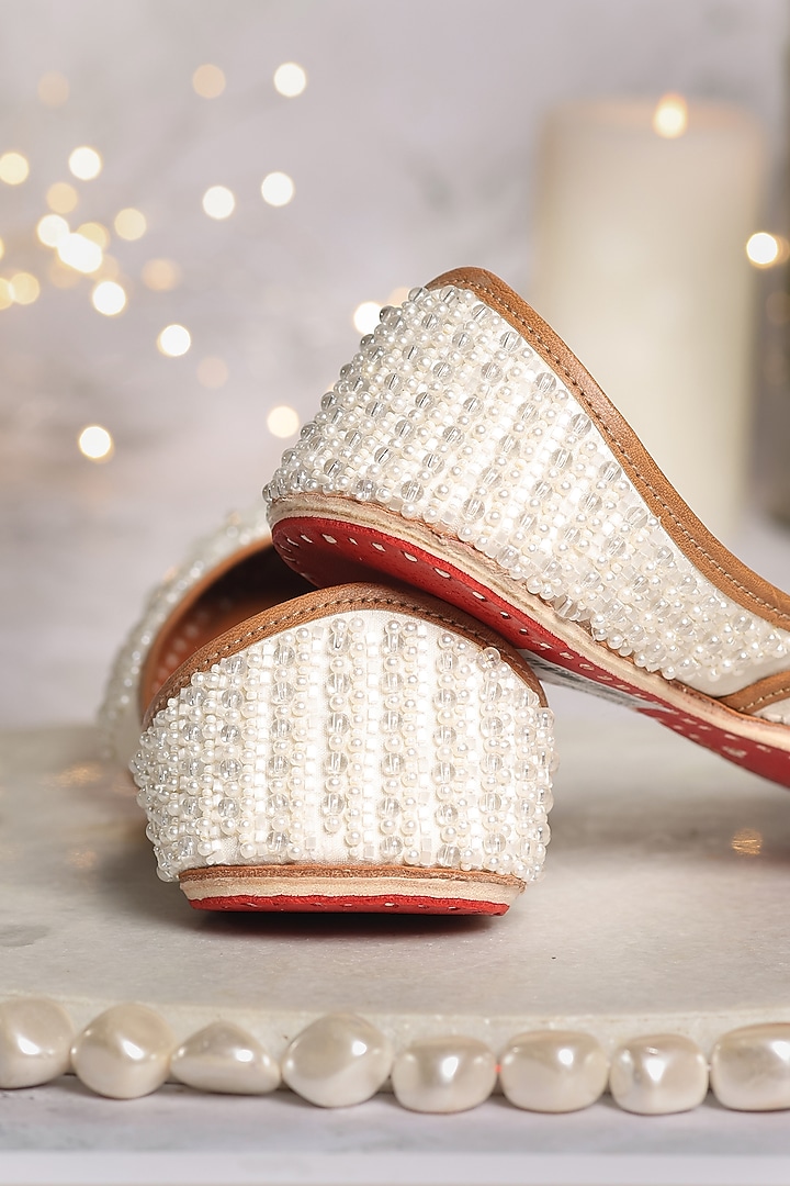 White Silk Dupion Cutdana & Bead Embellished Juttis by House of Vian at Pernia's Pop Up Shop