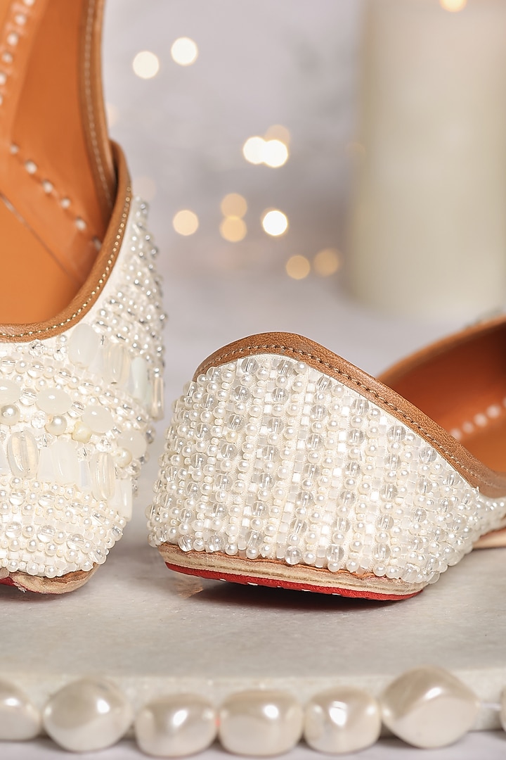 White Silk Dupion Cutdana & Bead Embellished Juttis by House of Vian at Pernia's Pop Up Shop