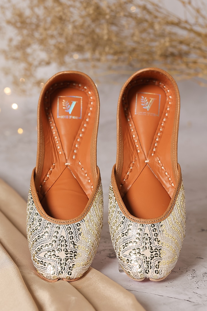 Golden Silk Dupion Sequins Embroidered Juttis by House of Vian