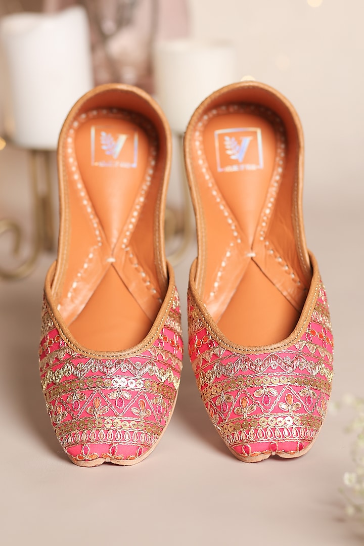 Pink Silk Dupion Sequins Embroidered Juttis by House of Vian
