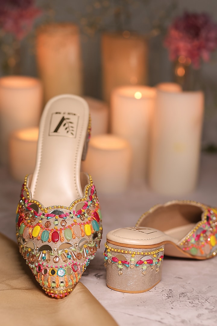 Multi-Colored Silk Dupion Mirror Embroidered Mules by House of Vian