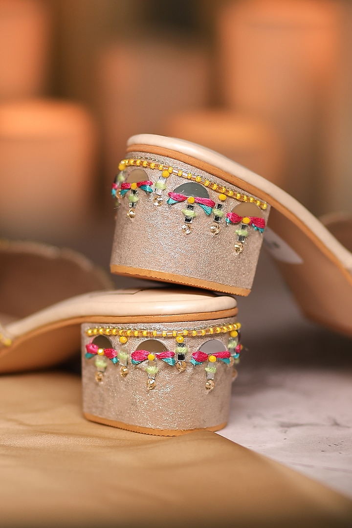 Multi-Colored Silk Dupion Mirror Embroidered Mules by House of Vian at Pernia's Pop Up Shop