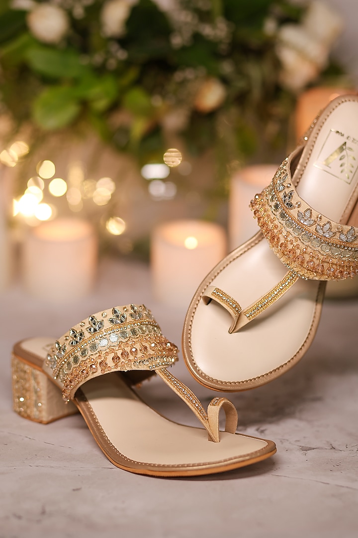 Gold Silk Dupion Mirror Embellished Kolhapuri Block Heels by House of Vian at Pernia's Pop Up Shop