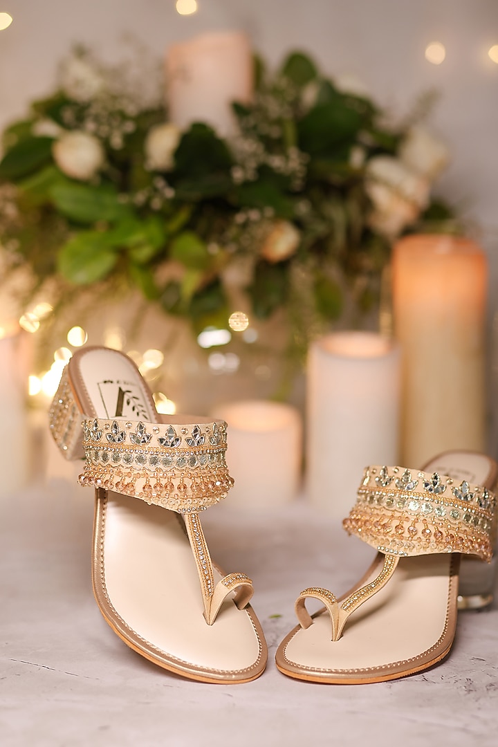 Gold Silk Dupion Mirror Embellished Kolhapuri Block Heels by House of Vian at Pernia's Pop Up Shop