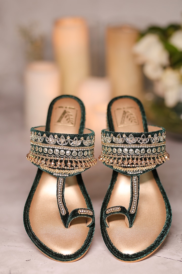 Green Silk Dupion Mirror Embellished Kolhapuri Block Heels by House of Vian