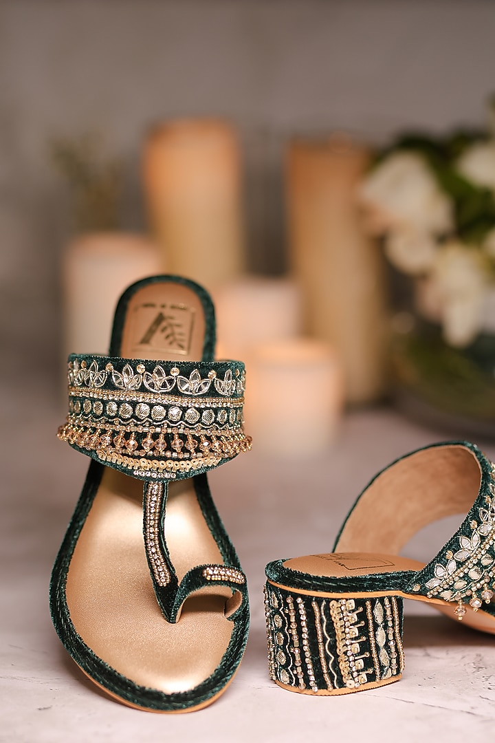 Green Silk Dupion Mirror Embellished Kolhapuri Block Heels by House of Vian at Pernia's Pop Up Shop