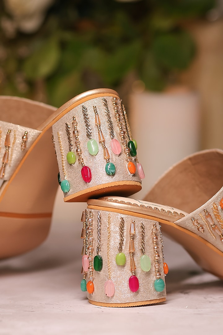 Multi-Colored Shimmer Banana Crepe Cutdana Embellished Kolhapuri Block Heels by House of Vian at Pernia's Pop Up Shop