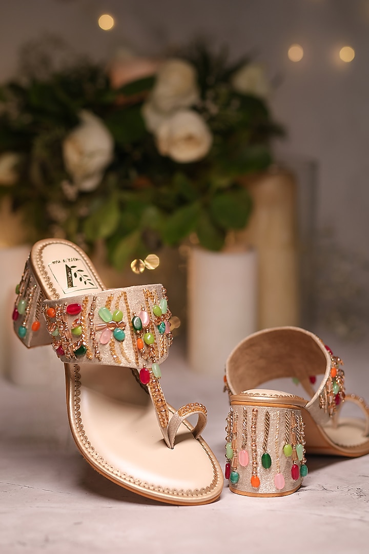Multi-Colored Shimmer Banana Crepe Cutdana Embellished Kolhapuri Block Heels by House of Vian at Pernia's Pop Up Shop