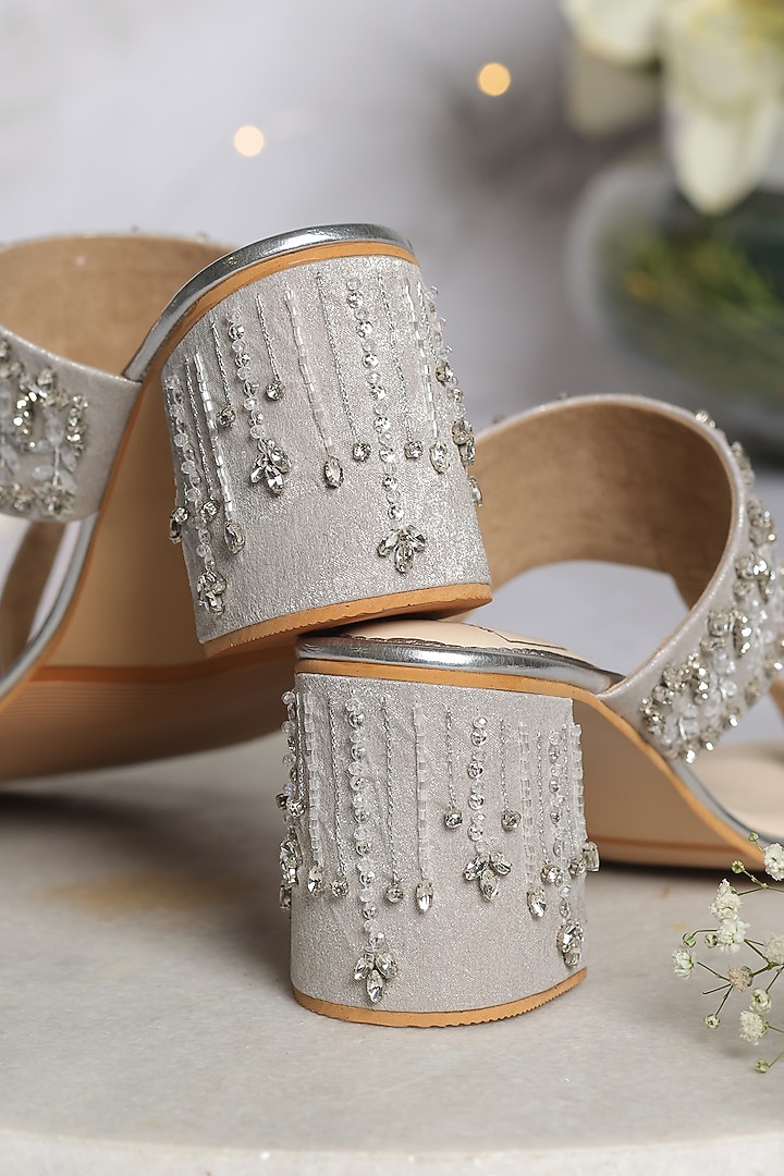 Silver Silk Dupion Cutdana Embellished Kolhapuri Block Heels by House of Vian at Pernia's Pop Up Shop