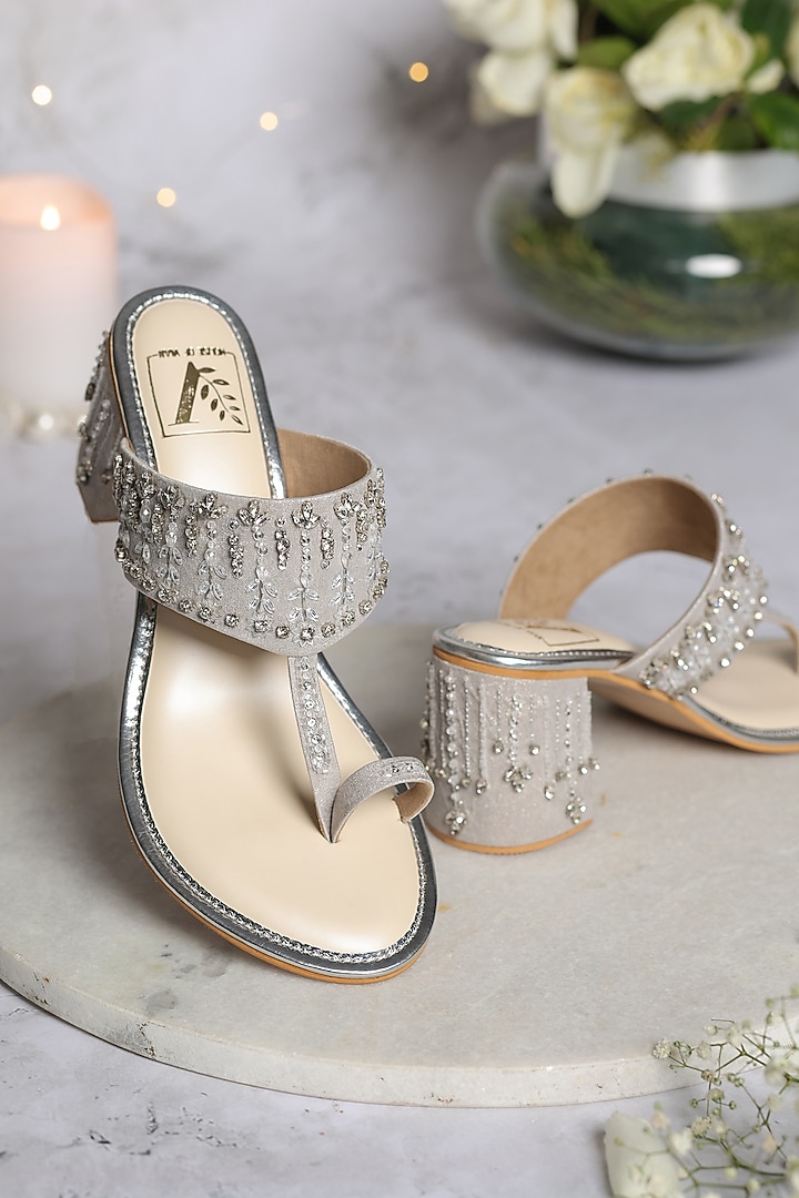 Silver Silk Dupion Cutdana Embellished Kolhapuri Block Heels by House of Vian at Pernia's Pop Up Shop