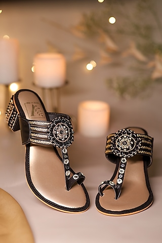 Black Silk Dupion Cutdana Embellished Kolhapuri Block Heels by House of Vian