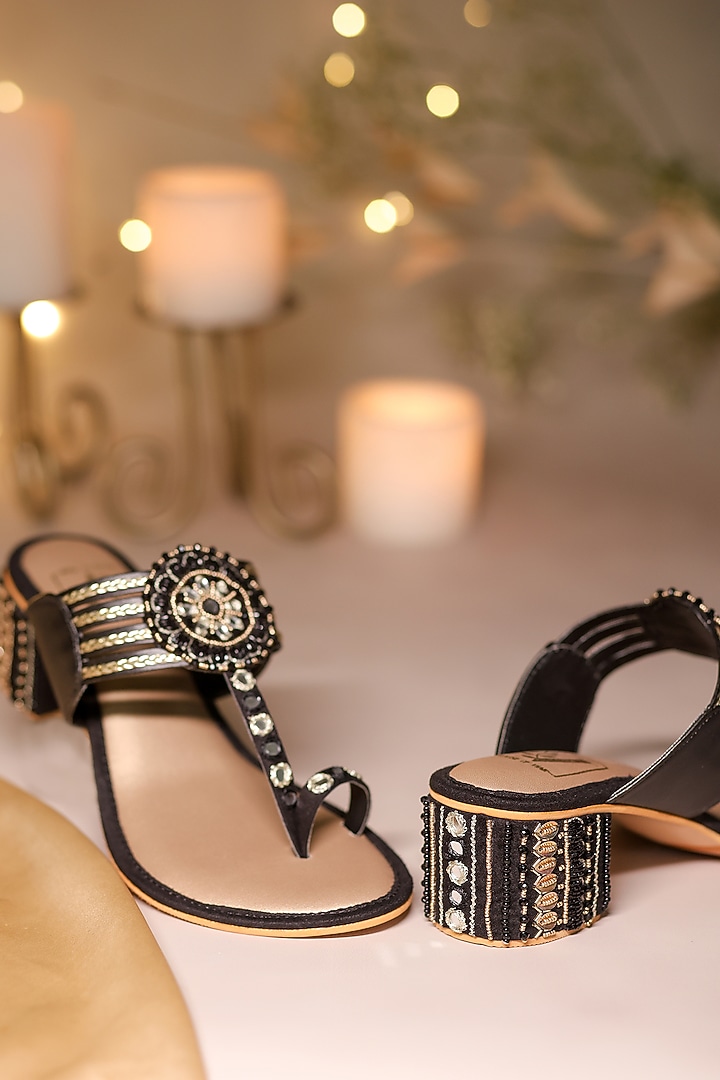 Black Silk Dupion Cutdana Embellished Kolhapuri Block Heels by House of Vian at Pernia's Pop Up Shop