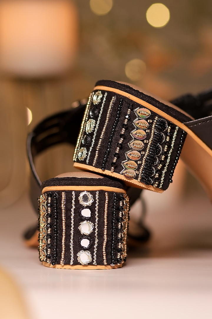 Black Silk Dupion Cutdana Embellished Kolhapuri Block Heels by House of Vian at Pernia's Pop Up Shop