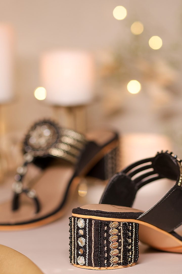 Black Silk Dupion Cutdana Embellished Kolhapuri Block Heels by House of Vian at Pernia's Pop Up Shop
