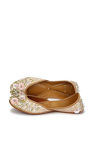 Pink Textured Silk Floral Embellished Juttis by House of Vian