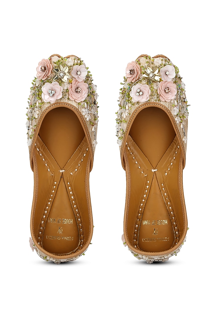 Pink Textured Silk Floral Embellished Juttis by House of Vian at Pernia's Pop Up Shop
