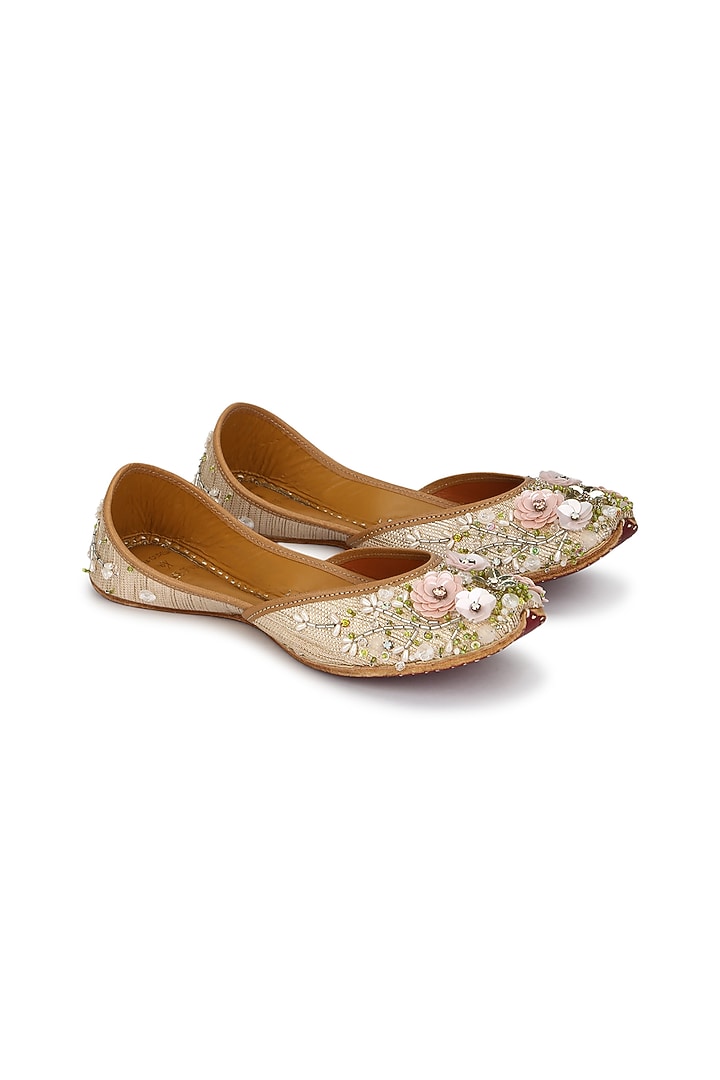 Pink Textured Silk Floral Embellished Juttis by House of Vian at Pernia's Pop Up Shop