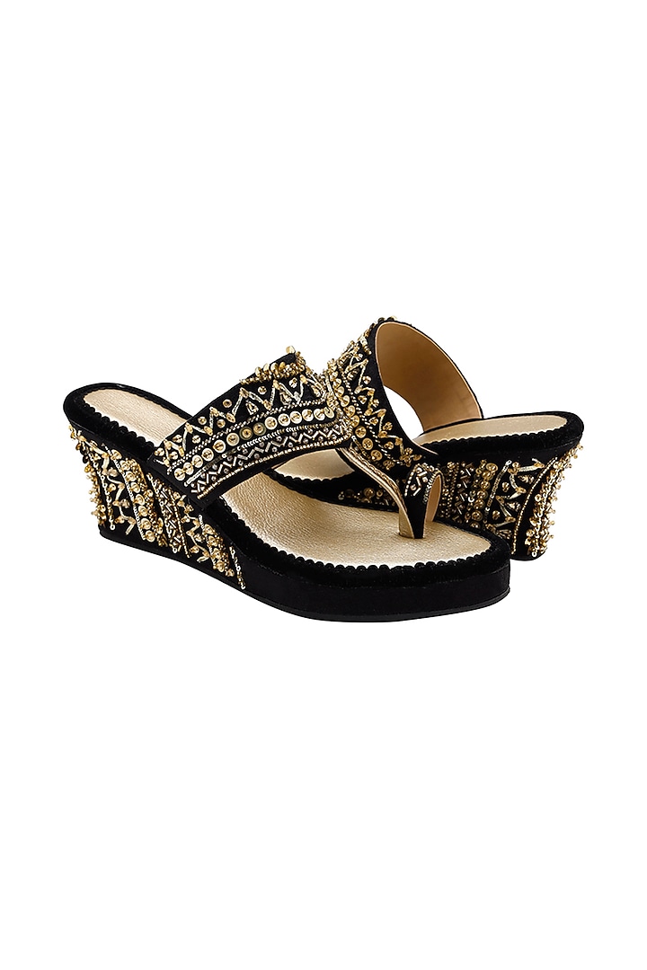 Black & Gold Suede Embellished Wedges by House of Vian at Pernia's Pop Up Shop