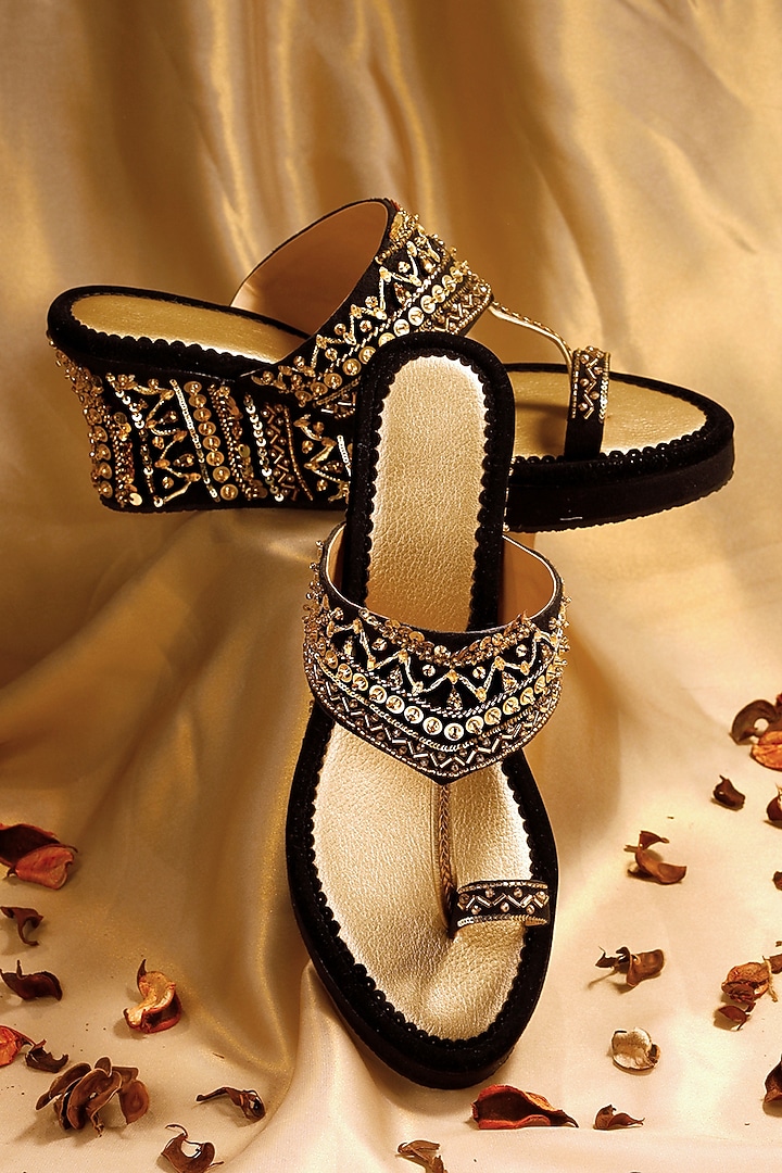 Black & Gold Suede Embellished Wedges by House of Vian at Pernia's Pop Up Shop