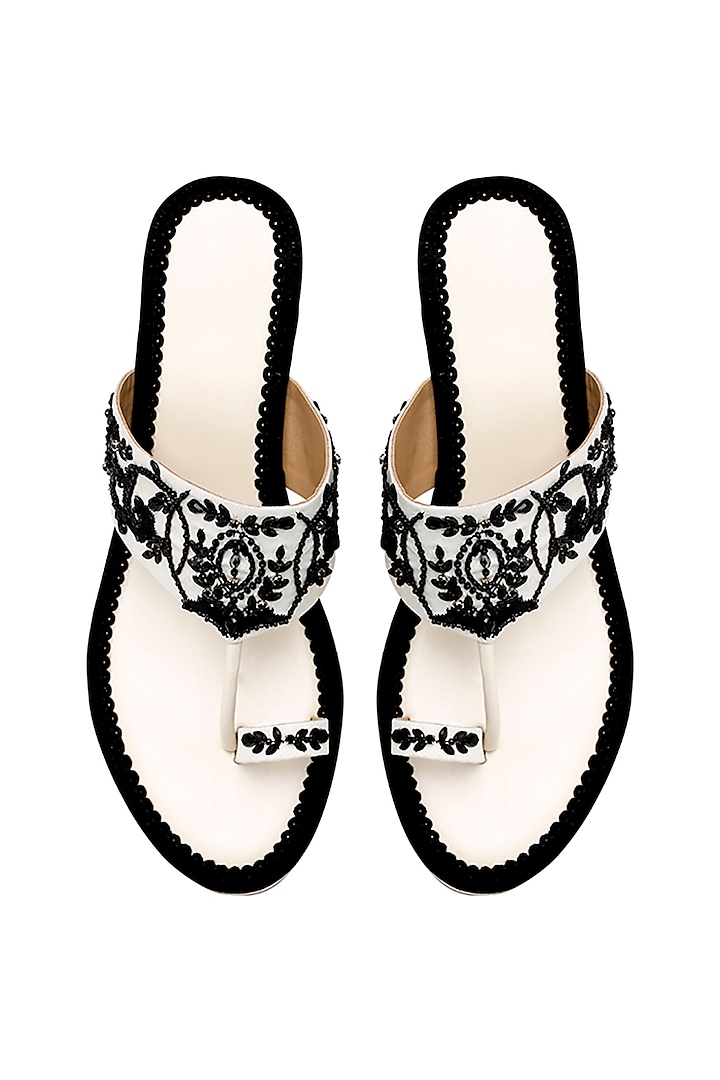 White & Black Crepe Embellished Wedges by House of Vian